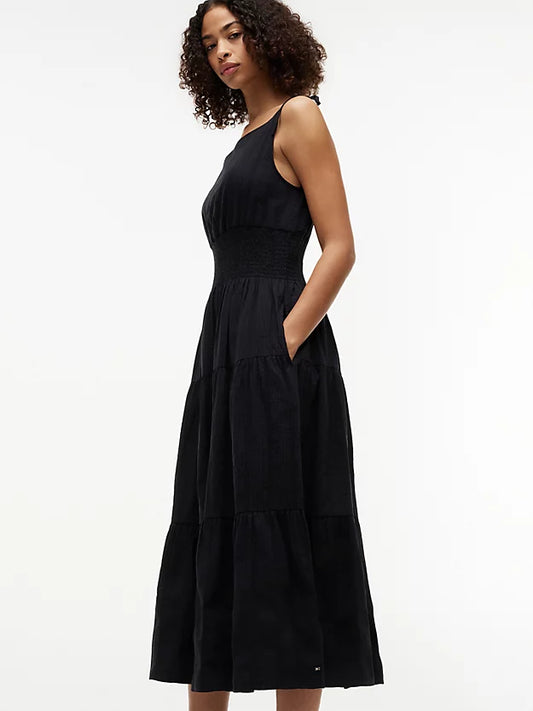 Self-Tie Strap Smock Midi Dress