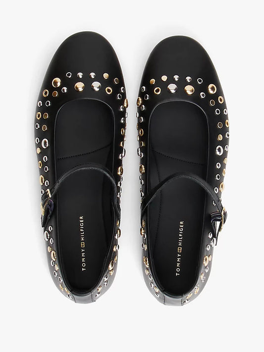 Stud Embellished Leather Buckle Ballerinas