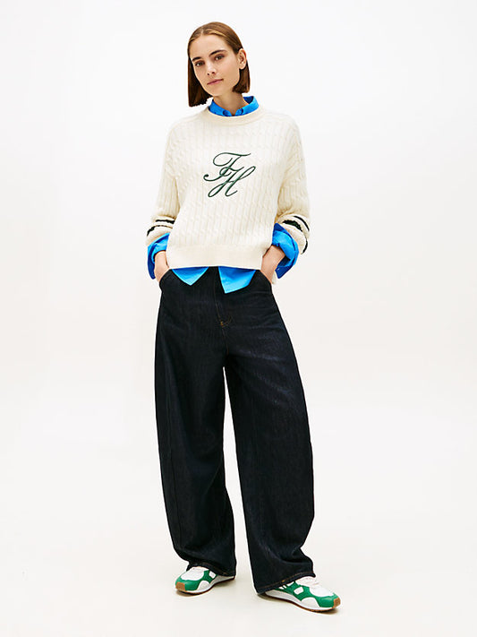 Logo Embroidery Relaxed Cable Knit Jumper