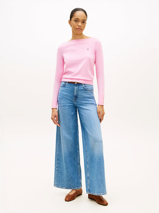 Gold-Tone Button Jersey Boat Neck Jumper