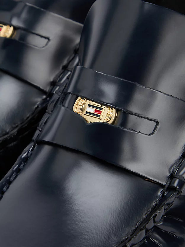 Shiny Leather Block Heel Penny Loafers