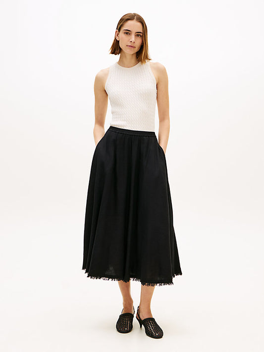 Pleated Linen Blend Midi A-Line Skirt