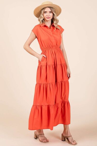 Mittoshop Button-Up Hemdkleid mit Kragen und Stufenrock in Maxilänge