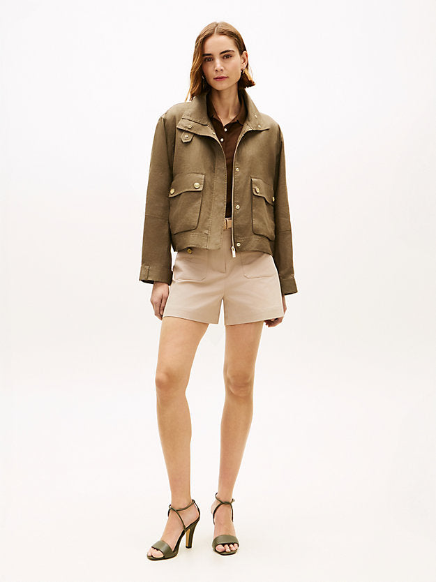 Gold-Tone Button Pure Linen Utility Jacket