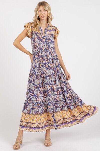Mittoshop Geblümtes Rüschen-Maxikleid mit gekerbtem Kappenärmel