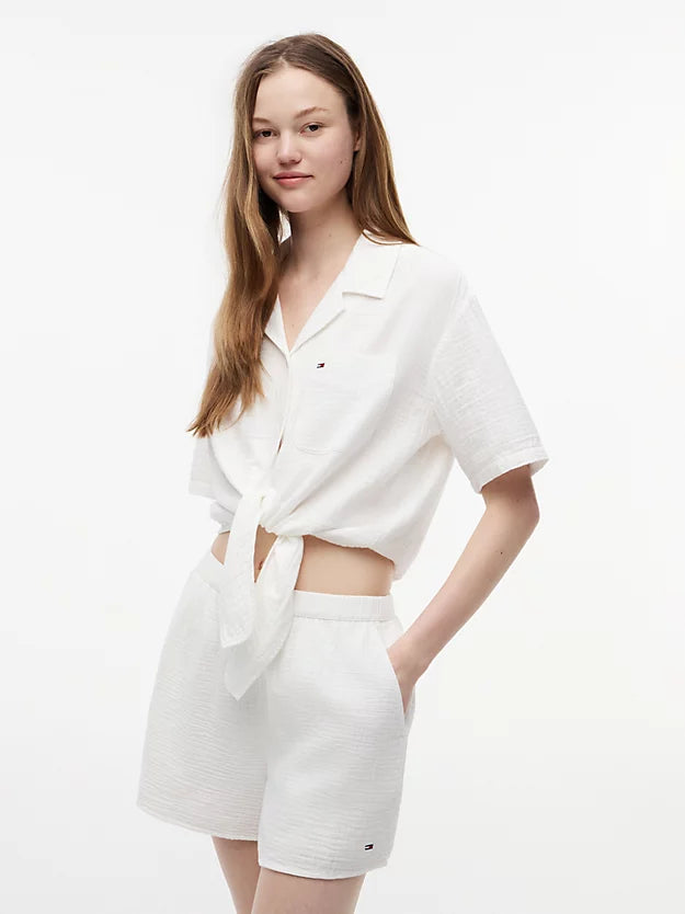 Crinkle Tie Front Short Sleeve Shirt