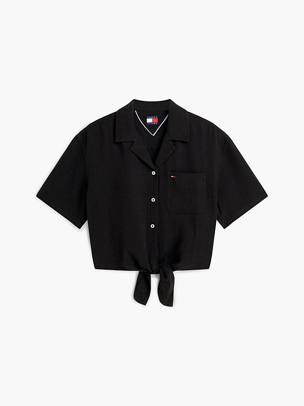 Crinkle Tie Front Short Sleeve Shirt