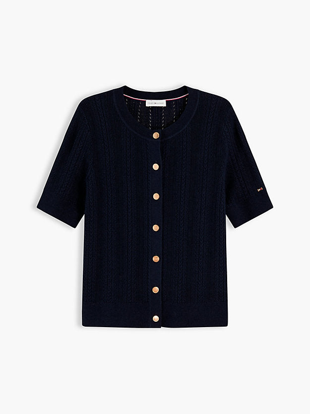 Pointelle Gold-Tone Button Short Sleeve Cardigan