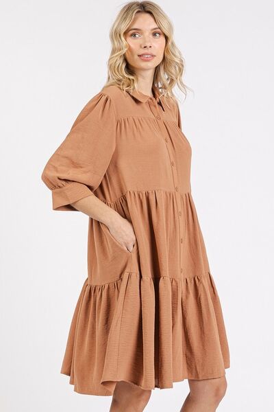 Mittoshop Hemd-Kleid mit Stufenrock, Hemdkragen und Knopf-Detail