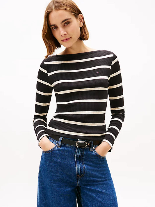 Ribbed Slim Boat Neck Long Sleeve T-Shirt