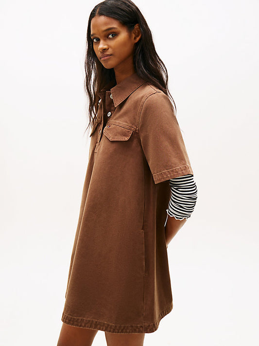 Washed Canvas Mini Short Sleeve Shirt Dress