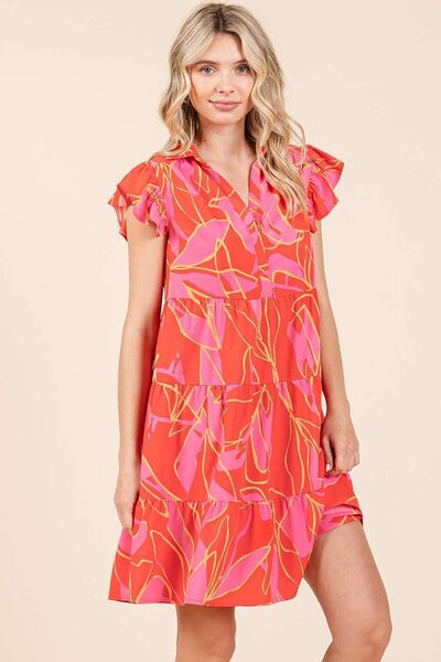 Mittoshop Minikleid mit Blätterdruck, Volantärmeln und Stufenrock