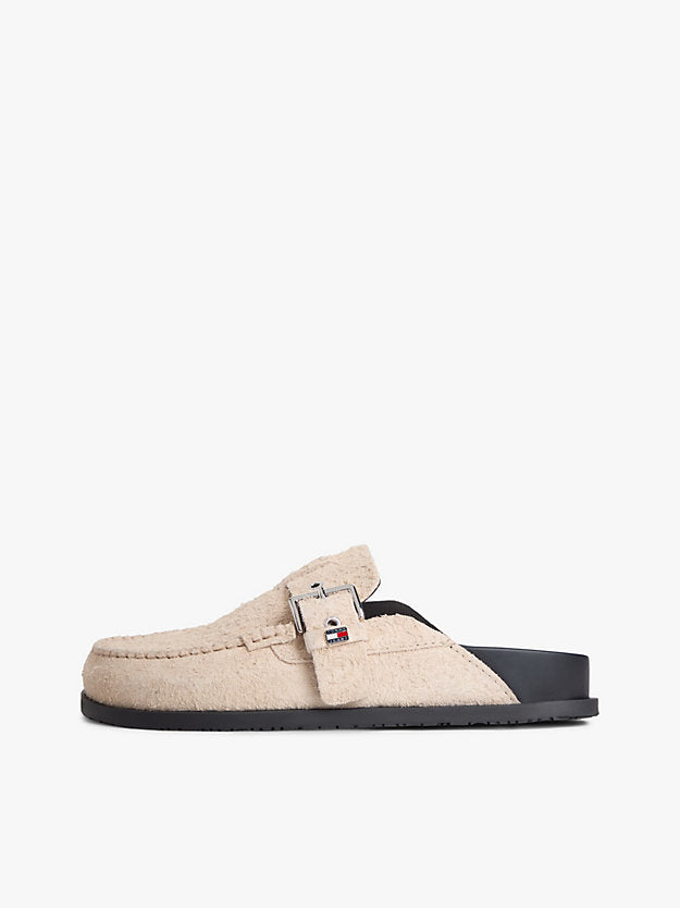 Textured Suede Buckle Mules