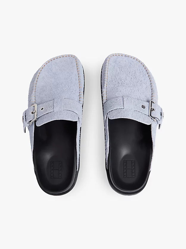 Textured Suede Buckle Mules