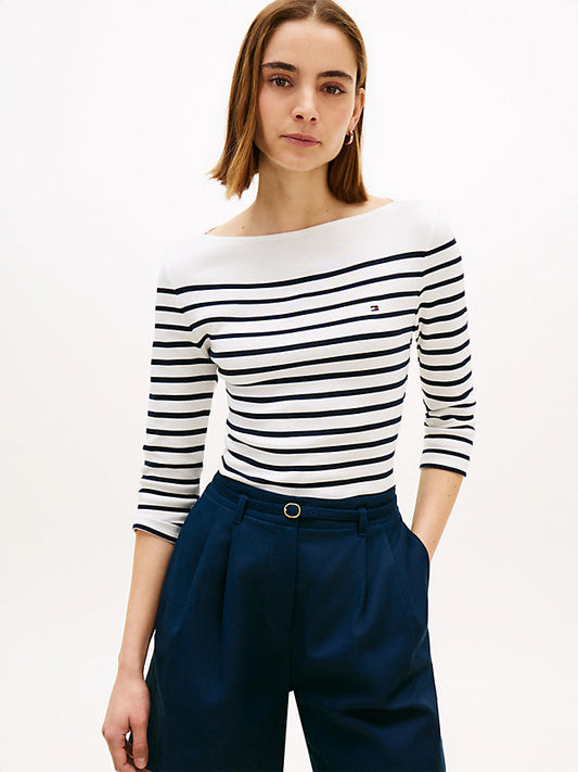 Slim Three-Quarter Sleeve Boat Neck T-Shirt