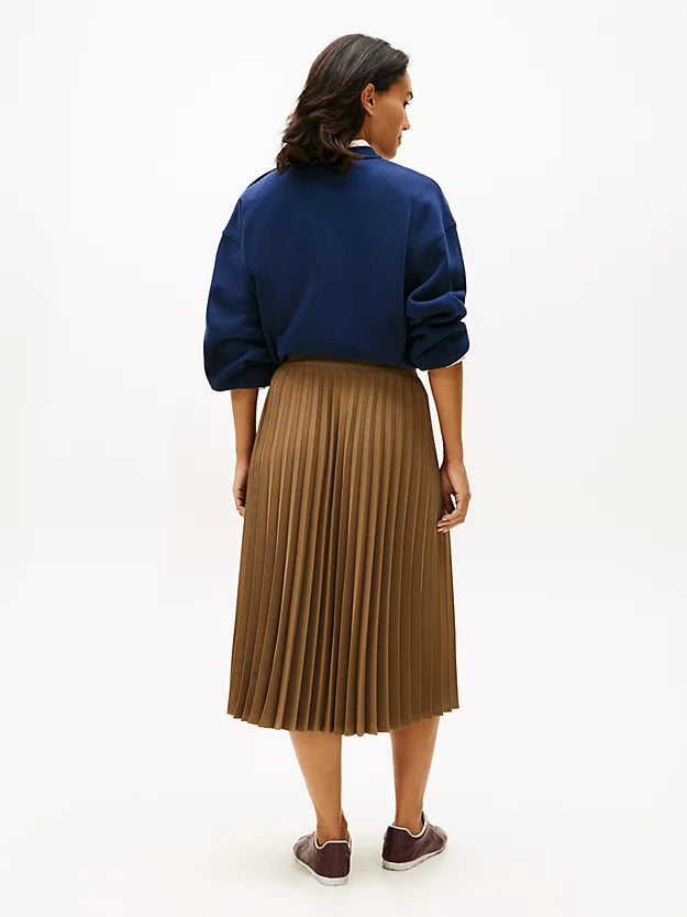 Tonal Flag Waistband Pleated Midi Skirt