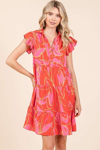 Mittoshop Minikleid mit Blätterdruck, Volantärmeln und Stufenrock