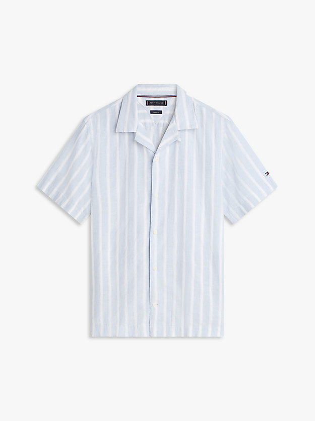 Linen Blend Textured Stripe Short Sleeve Shirt