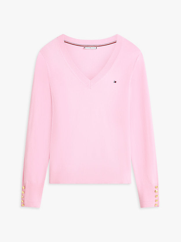 Gold-Tone Button Cuff V-Neck Jumper
