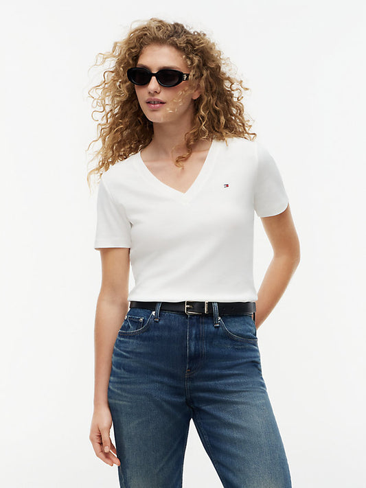 Flag Embroidery Slim V-Neck T-Shirt