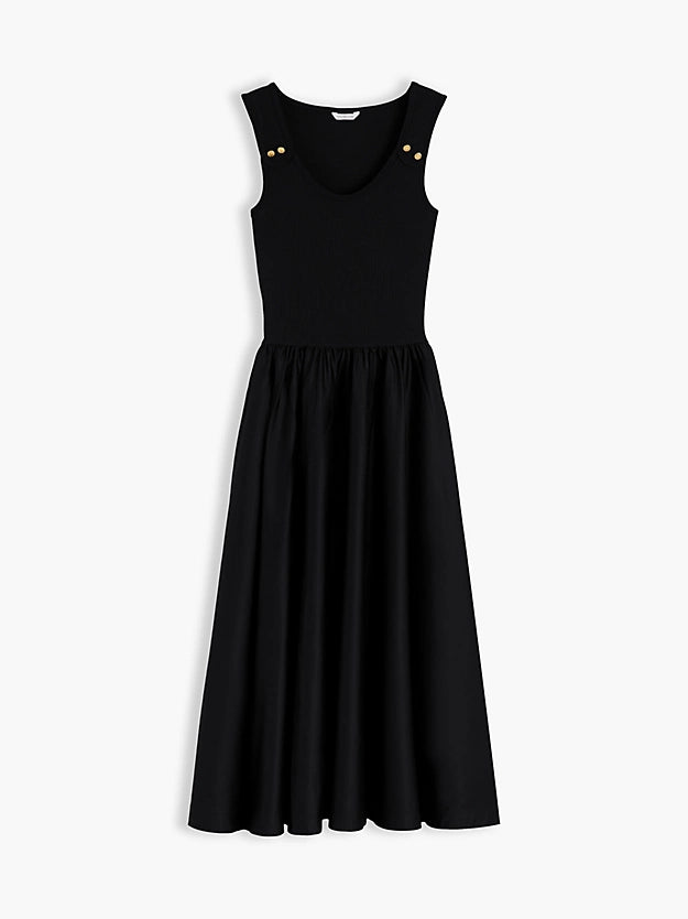 Gold-Tone Button Slim Mixed Midi Dress