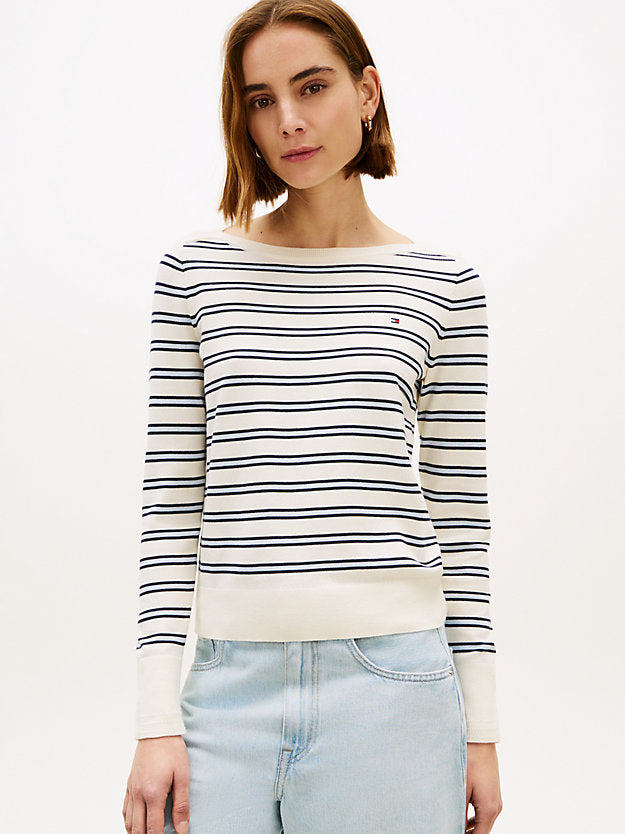 Gold-Tone Button Jersey Boat Neck Jumper