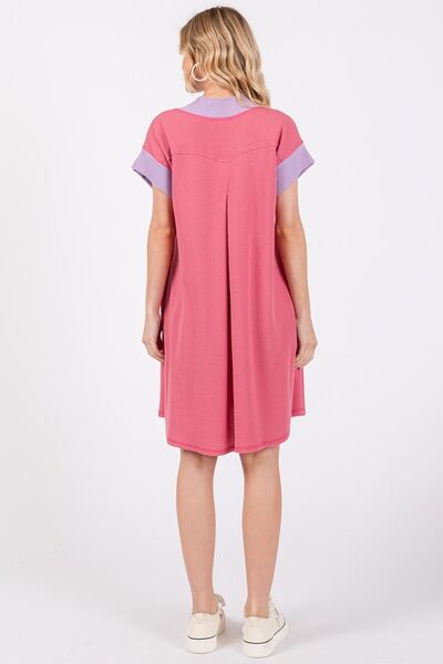 Ces Femme V-Ausschnitt Kurzarmkleid mit Kontrastbesatz