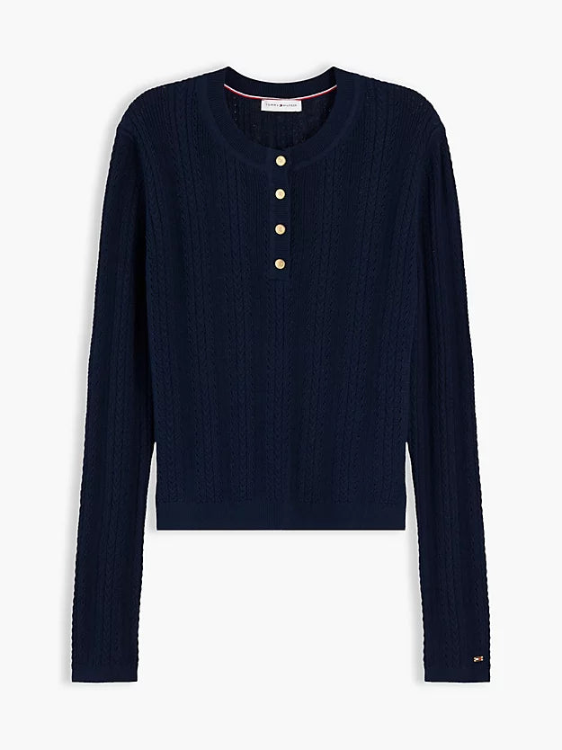 Pointelle Gold-Tone Button Henley Neck Jumper