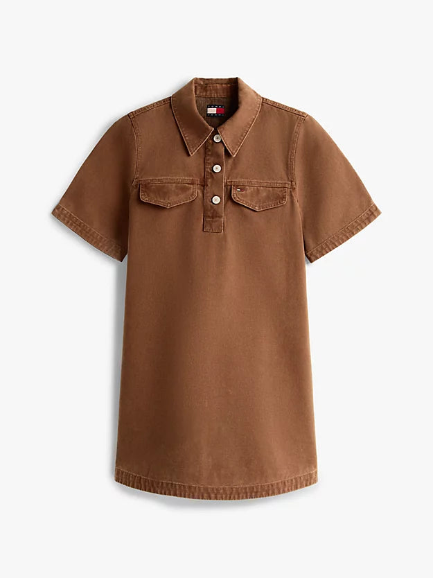 Washed Canvas Mini Short Sleeve Shirt Dress
