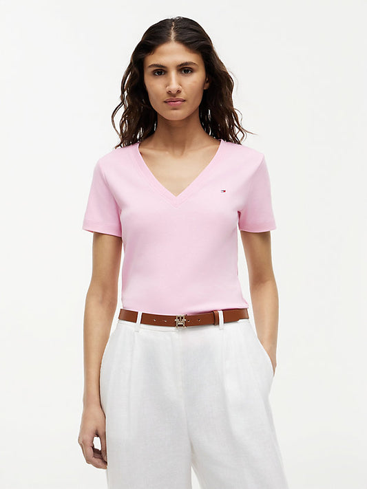 Flag Embroidery Slim V-Neck T-Shirt