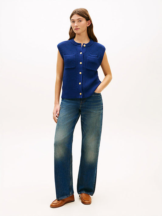 Gold-Tone Button Rib-Knit Vest