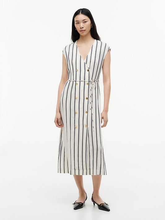 Gold-Tone Button Stripe Midi Dress
