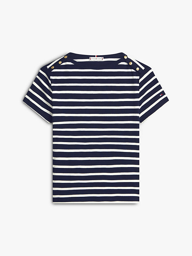 Gold-Tone Button Slim Boat Neck T-Shirt