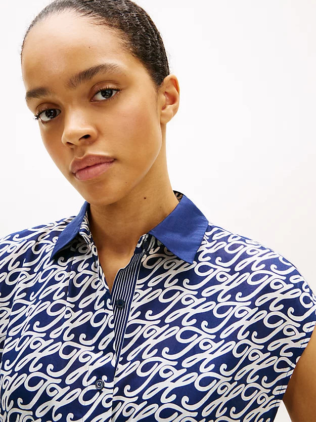 Print Voile Midi Shirt Dress WiSilk