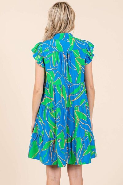 Mittoshop Minikleid mit Blätterdruck, Volantärmeln und Stufenrock