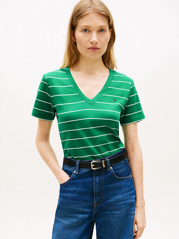 Flag Embroidery Slim V-Neck T-Shirt