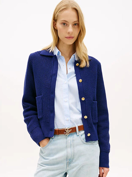 Gold-Tone Button Polo Cardigan