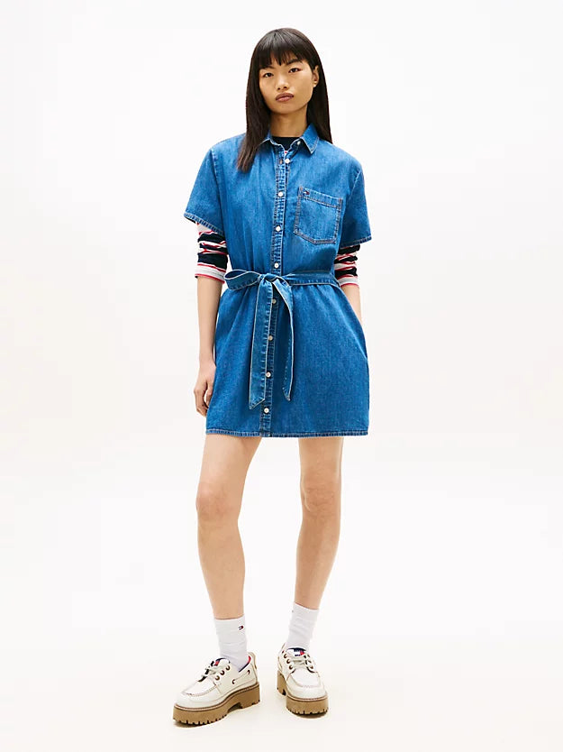 Chambray Belted Mini Shirt Dress