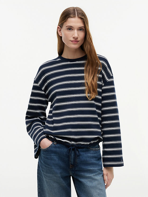 Stripe Drawstring Hem Long Sleeve T-Shirt