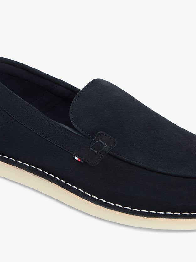 Debossed Logo Topstitch Suede Loafers