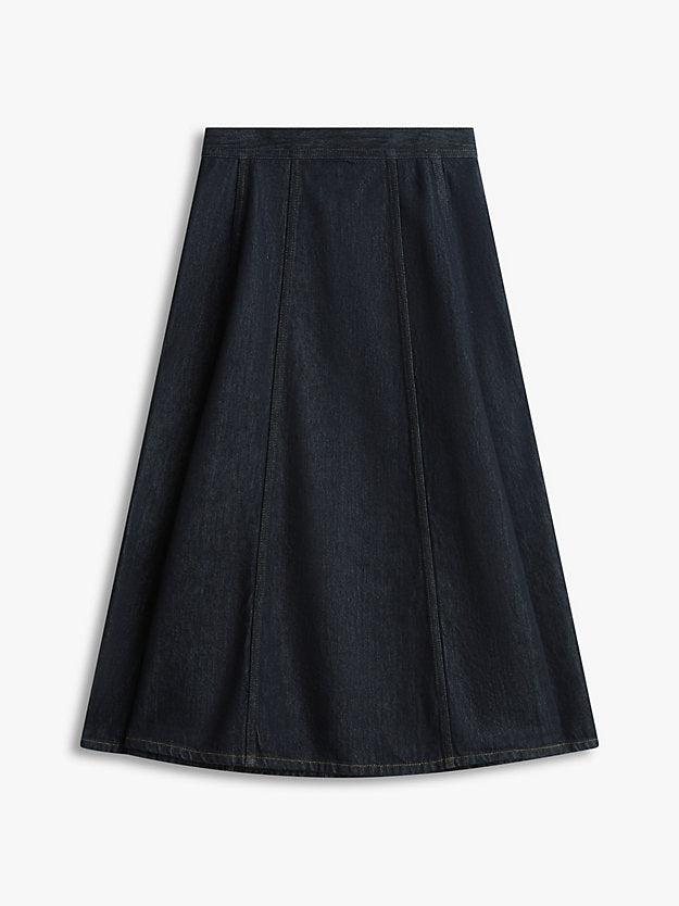 High Rise Denim Flare Midi Skirt