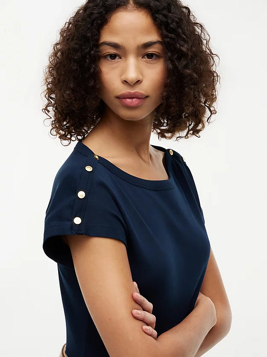 Gold-Tone Button Boat Neck T-Shirt