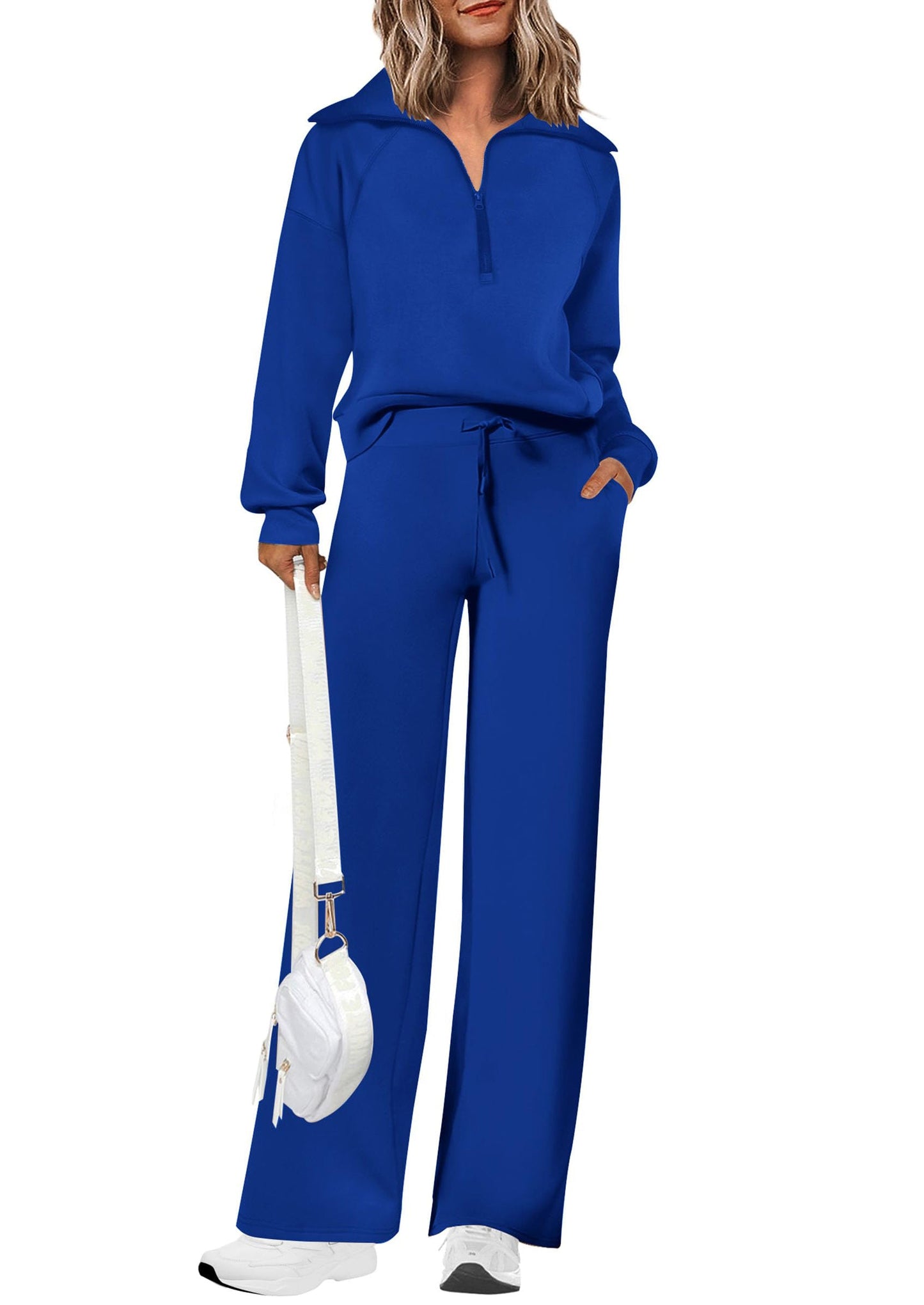 Damen Baumwoll-Zweiteiler Revers Halb-Zip Sweatshirt Weite Bein Sweathose Freizeitanzug