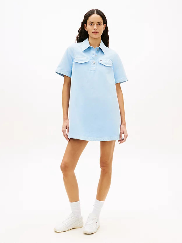 Washed Canvas Mini Short Sleeve Shirt Dress