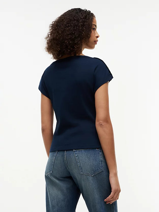 Gold-Tone Button Boat Neck T-Shirt