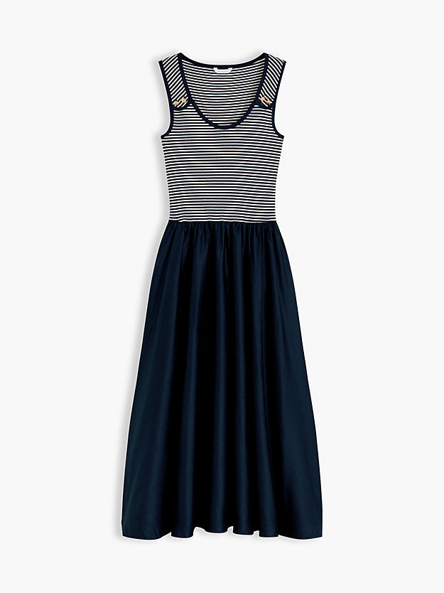 Gold-Tone Button Slim Mixed Midi Dress