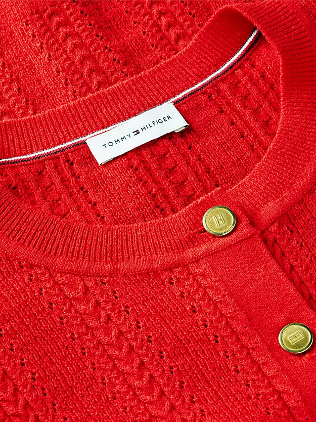 Pointelle Gold-Tone Button Short Sleeve Cardigan