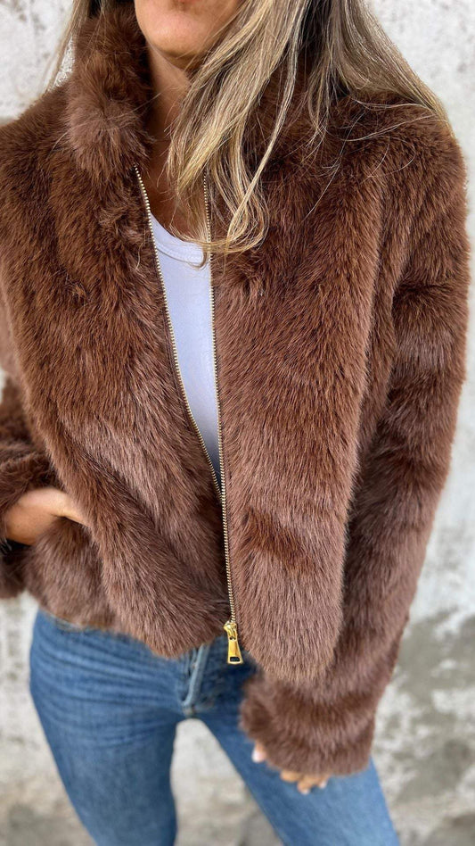 Damen High Collar Pelz-Reißverschluss Freizeitjacke