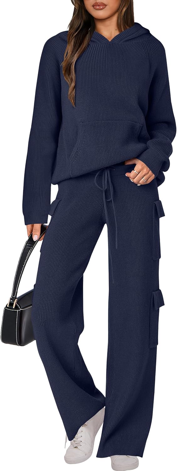 🎄Weihnachts-SALE 🔥 Zweiteilige Outfits für Damen Lässiger Kapuzenpullover Strick Gerades Bein Hosen-Set