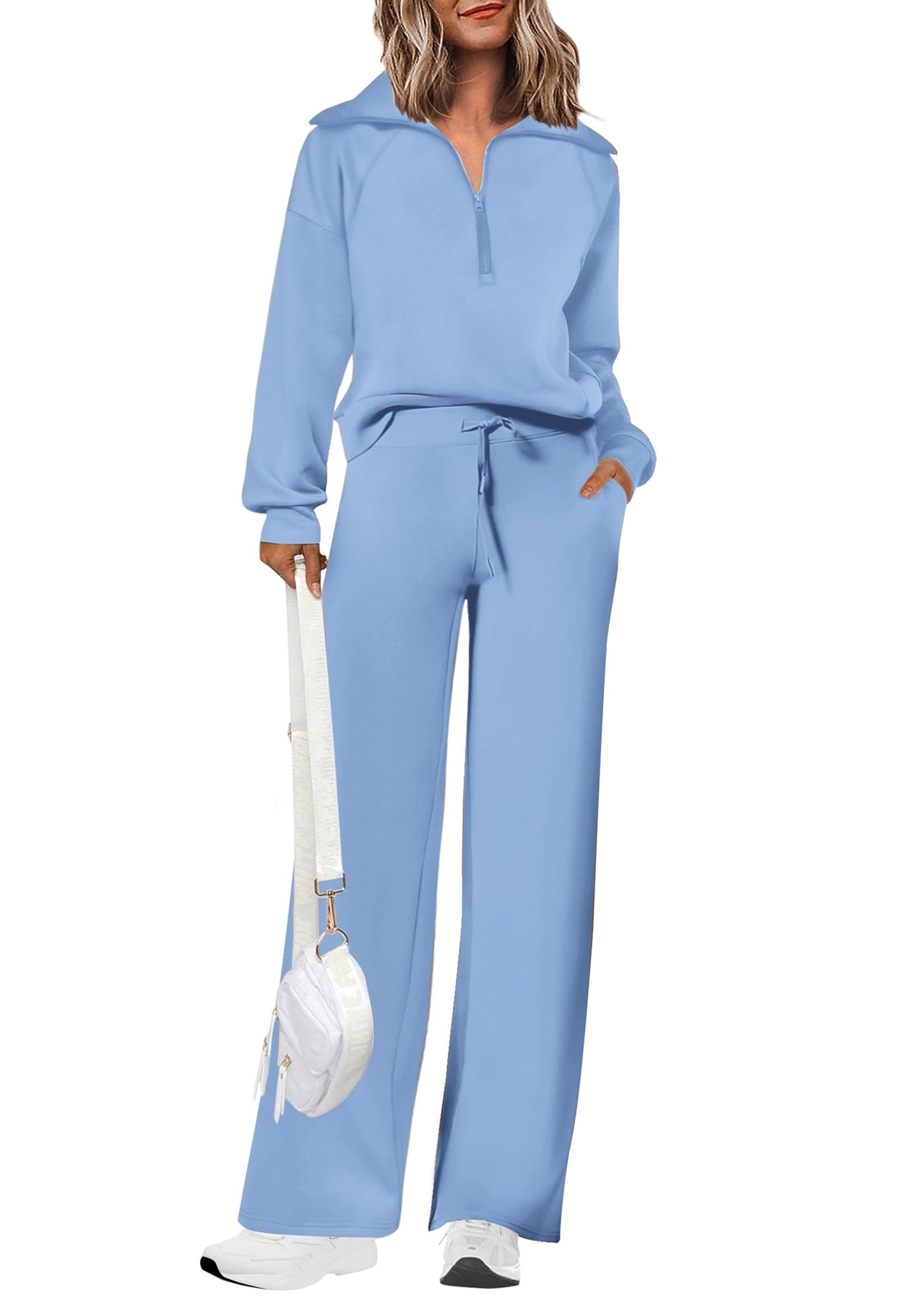 Damen Baumwoll-Zweiteiler Revers Halb-Zip Sweatshirt Weite Bein Sweathose Freizeitanzug